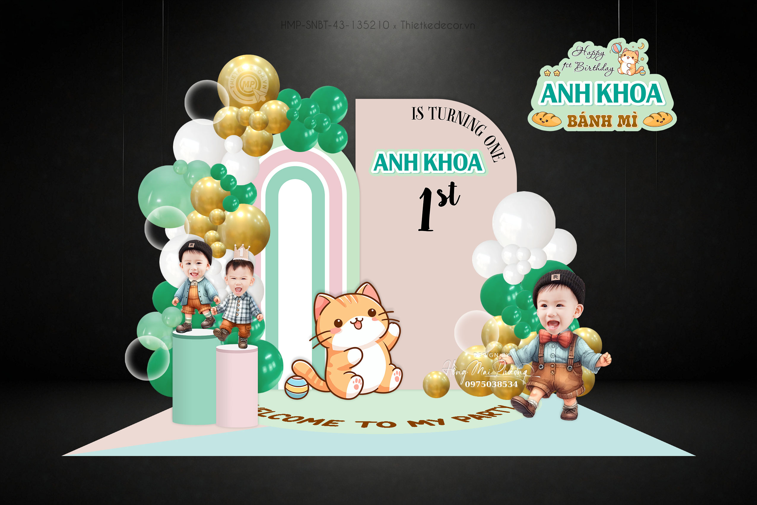 Sinh nhật bé trai tuổi mèo tone xanh lá mix hồng đất